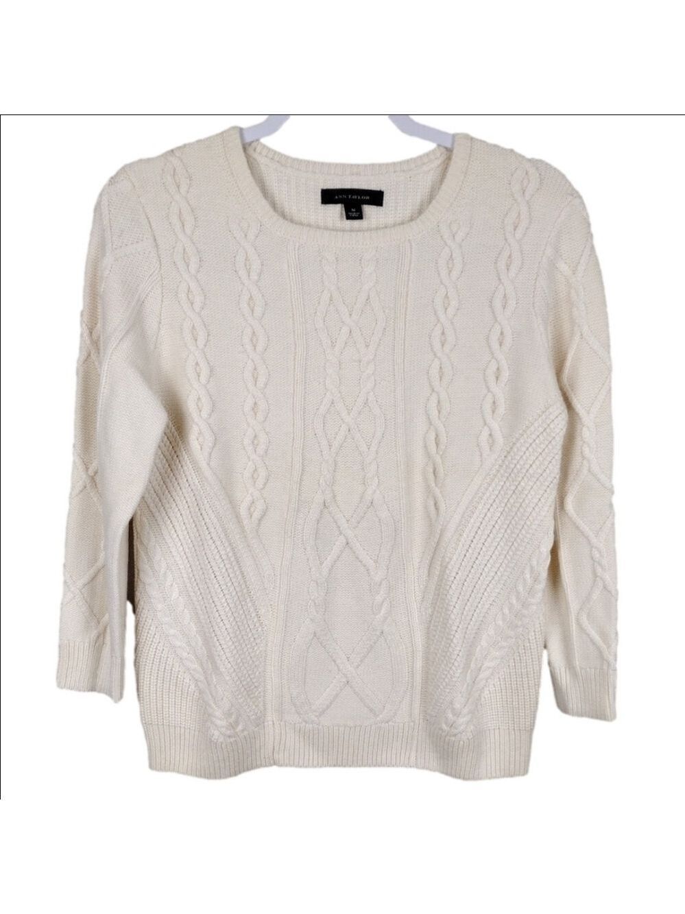 Ann Taylor Cream Wool Blend Crew Neck Wrist Sleeve Ribbed Cable Knit Sweater Top